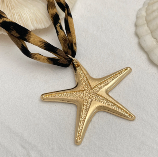 Animal Print Fabric Necklace Gold Tone Star Pendant Statement Jewelry for Women