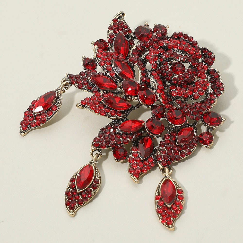 Vintage Red Crystal Rose Floral Brooch Pin Large Statement Flower Jewelry Gift