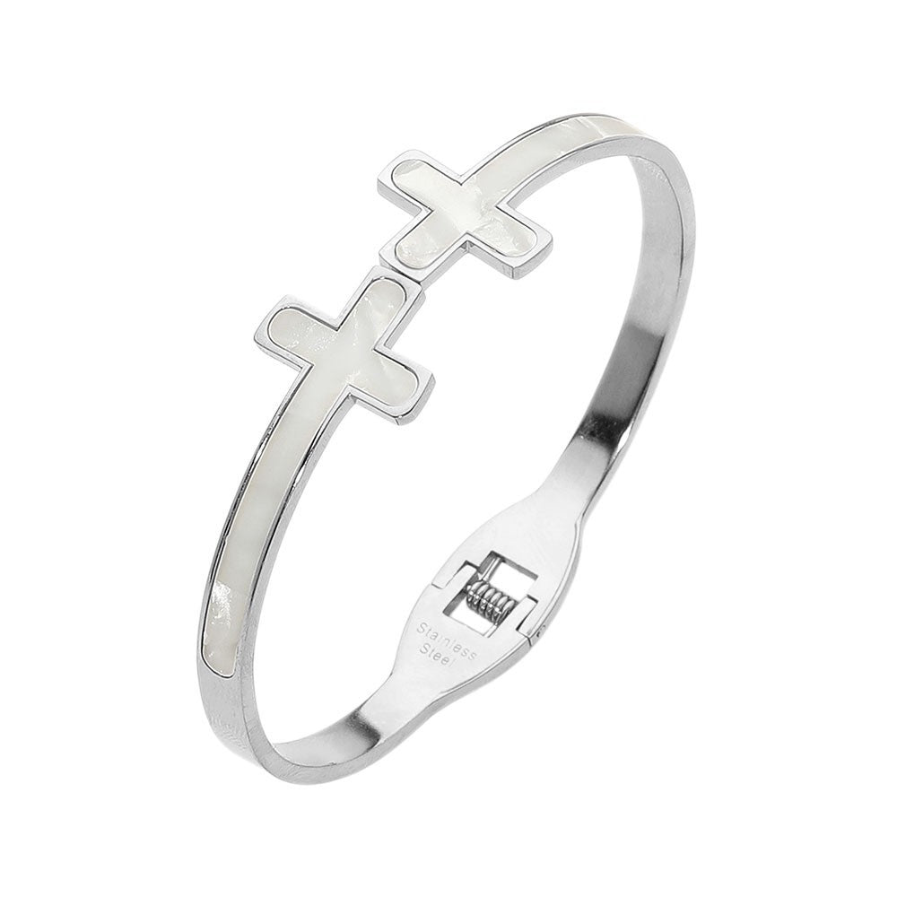 2-in-1 Gold and Silver Double Cross Mother of Pearl Hinged Bangle Set Jewelry