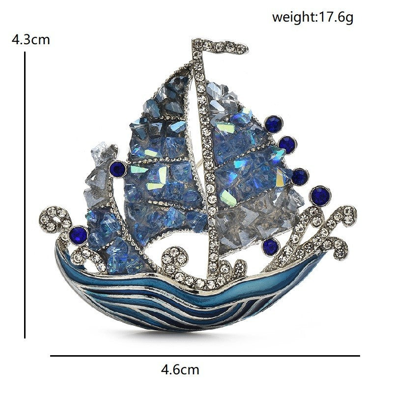 Blue Crystal Sailboat Brooch Enamel Nautical Ship Pin Marine Jewelry Gift