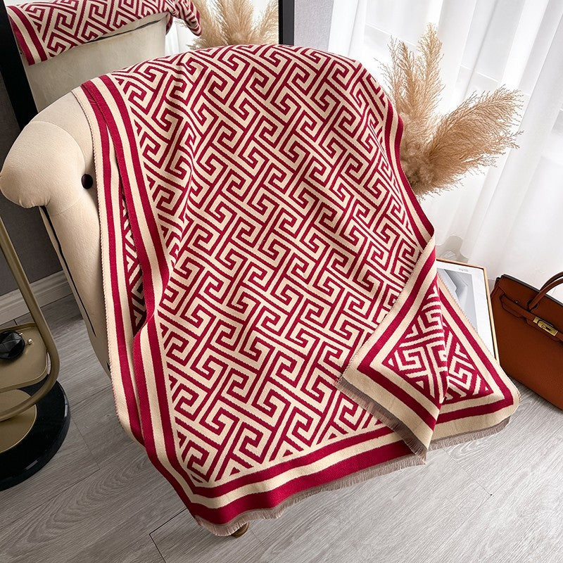 Women's Greek Key Geometric Knit Scarf Shawl Oversized Wrap Red Beige