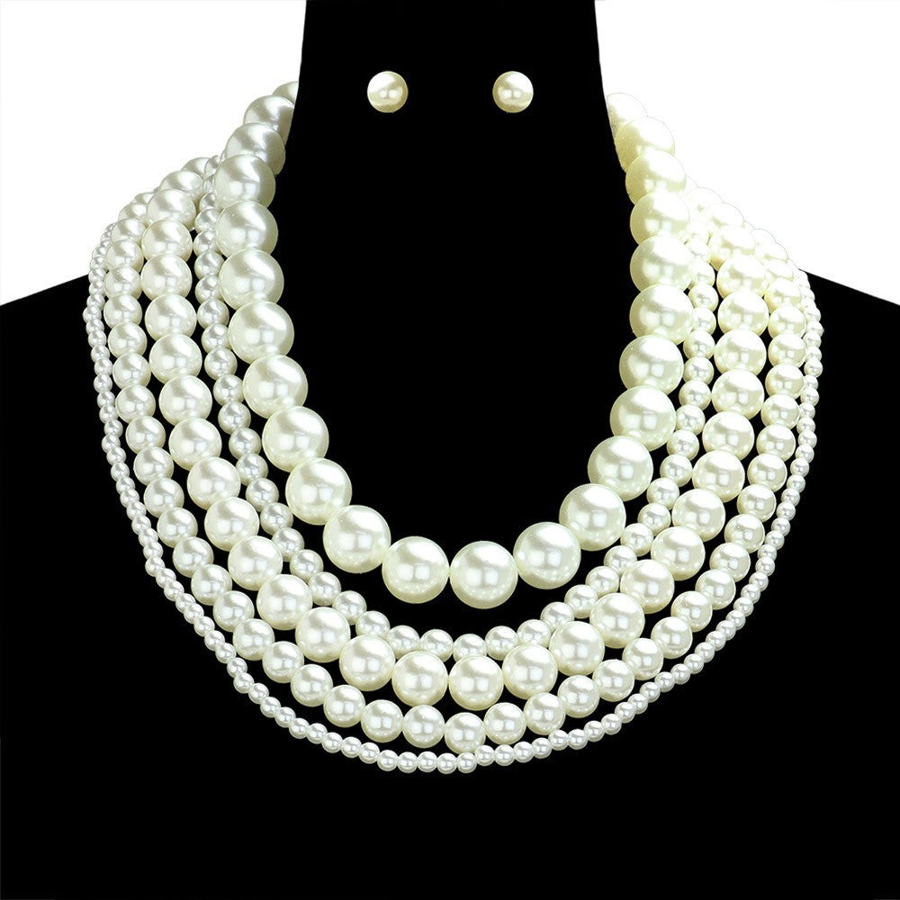 Multi-Layer Ivory Faux Pearl Statement Necklace & Earrings Set 21.5in