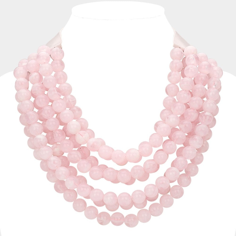 Multi Strand Pink Rose Quartz Bead Necklace Faux Leather Collar Jewelry