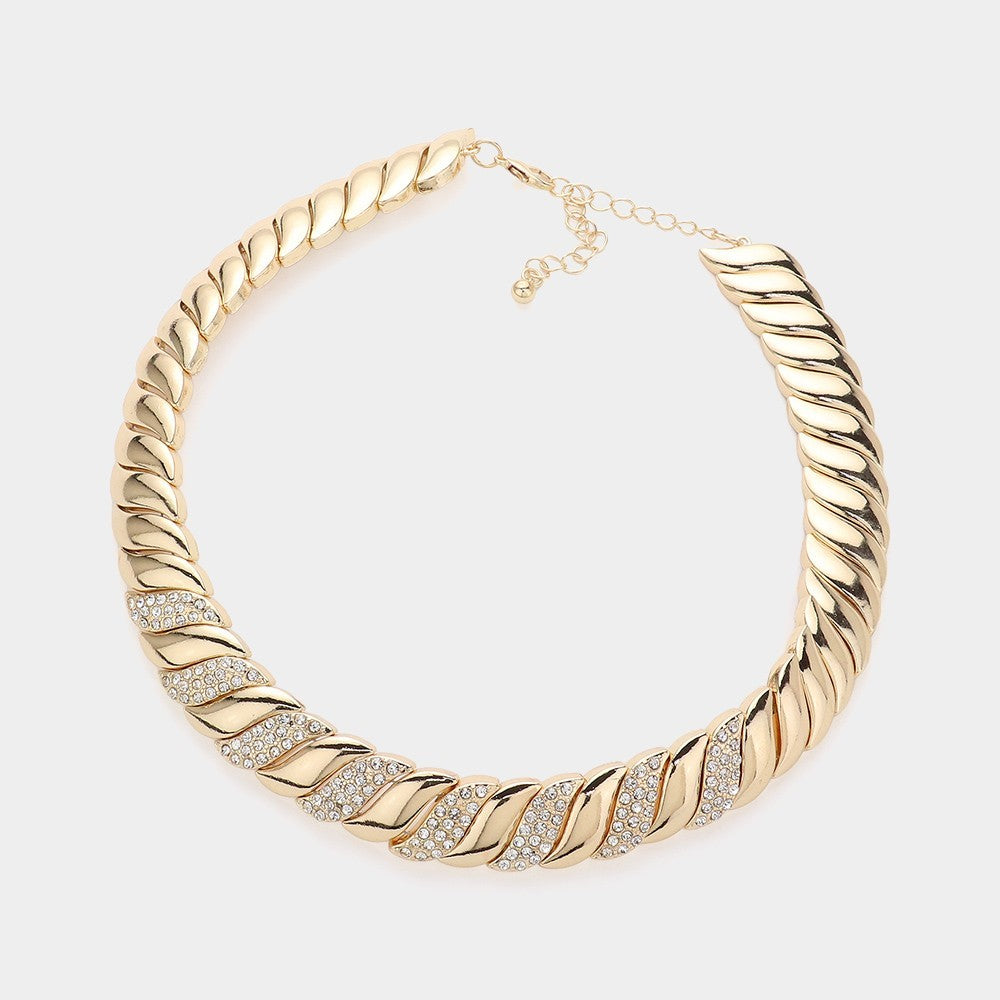 Stone Paved Chunky Metal Spiral Collar Choker Necklace with Stud Earrings Gold