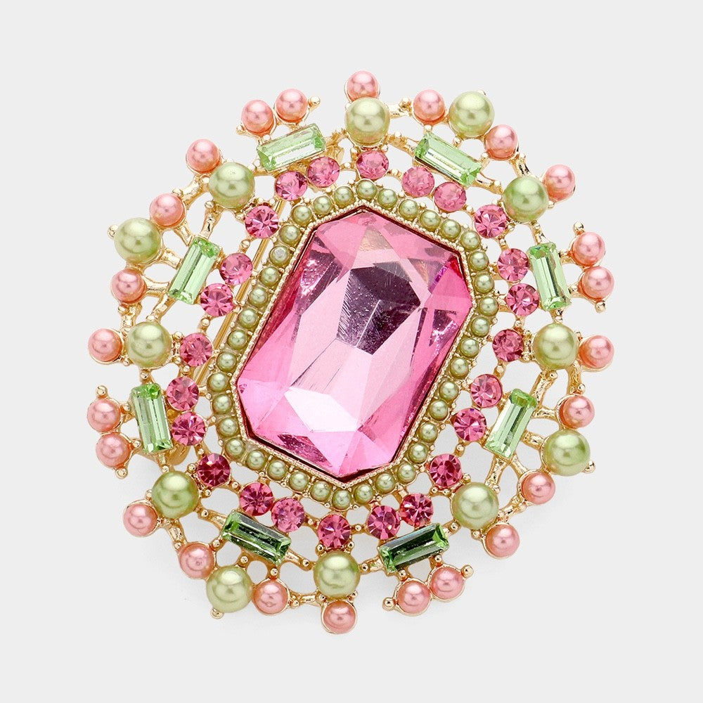 2pc Vintage Gold Pearl & Crystal Floral Brooch Set - Pink, Green, & Clear Gems