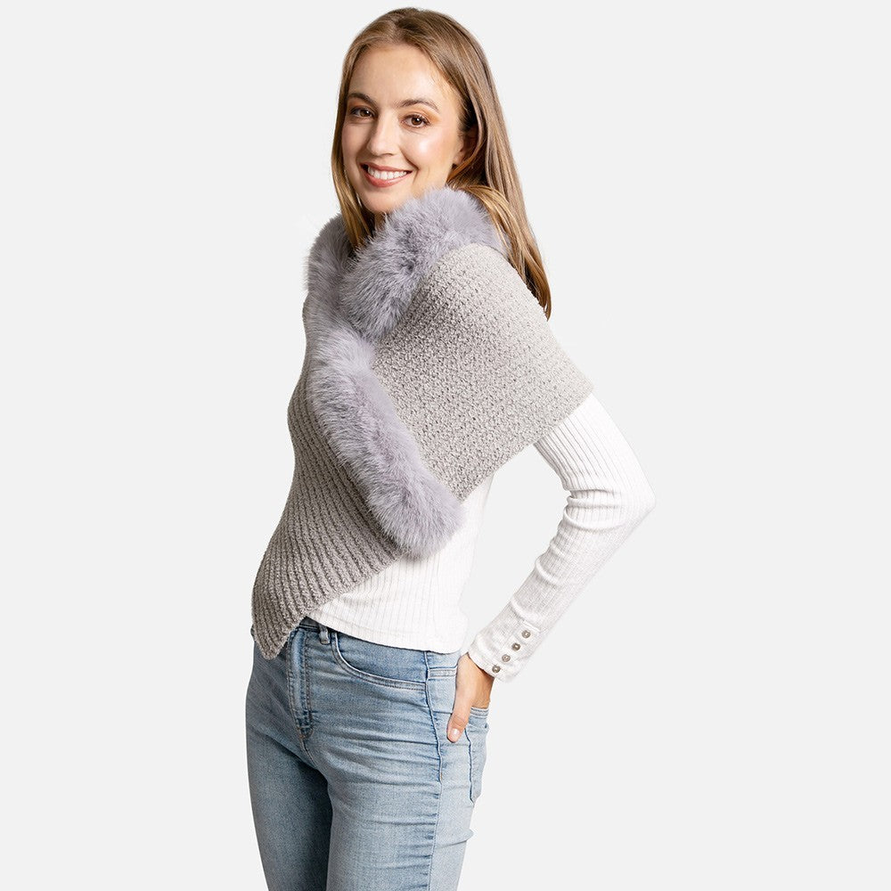 Gray Knit Shawl Wrap Faux Fur Trim Cable Sweater Capelet One Size