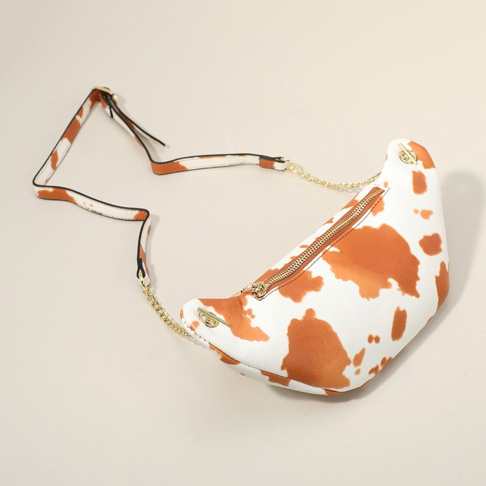 Cow Print Fanny Pack Crossbody Bag Brown White Adjustable Chain Strap