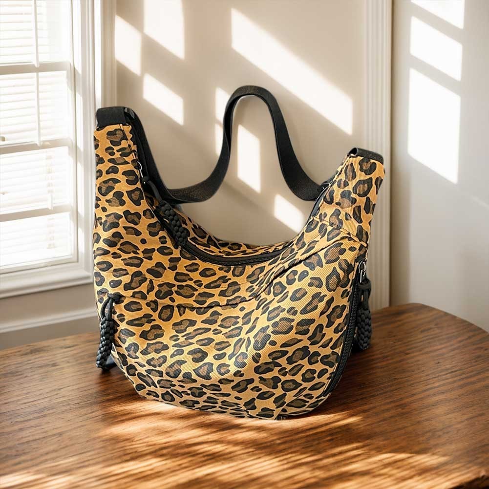 Classic Tan Leopard Print Hobo Bag Slouchy Crescent Crossbody Shoulder Purse