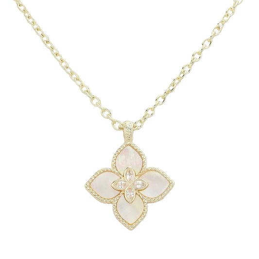 14K Gold Plated Mother of Pearl Clover Pendant Necklace CZ Stone Women Fashion