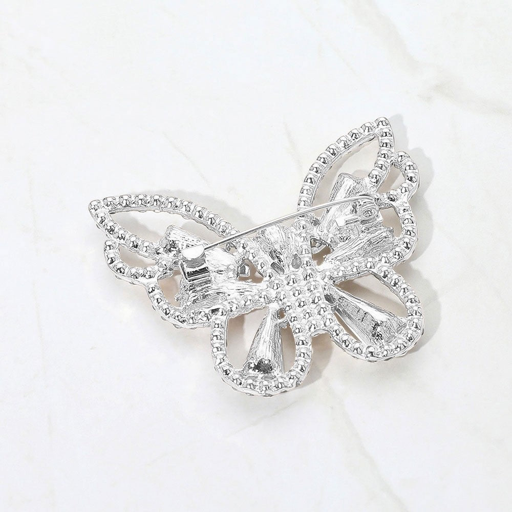 2pc Sparkling Silver Tone Butterfly Crystal Rhinestone Brooch Pin Set - 2.25"