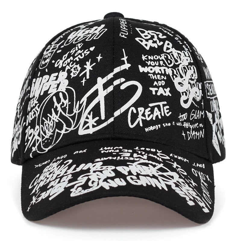 Urban Streetwear Graffiti Script Baseball Cap Adjustable Black White Hat