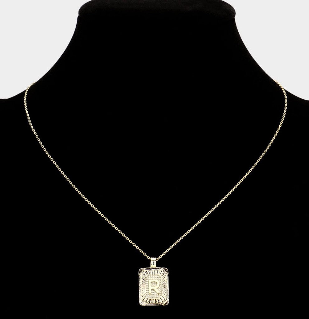Gold Initial "R" Rectangular Sunburst Pendant Necklace - Brass Fashion Jewelry