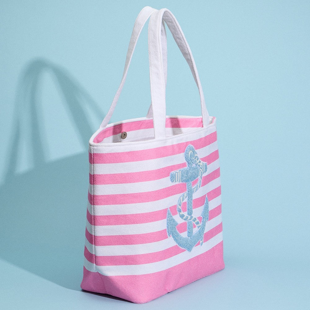 Pink and White Striped Anchor Beach Tote Bag with Rope Design for Women