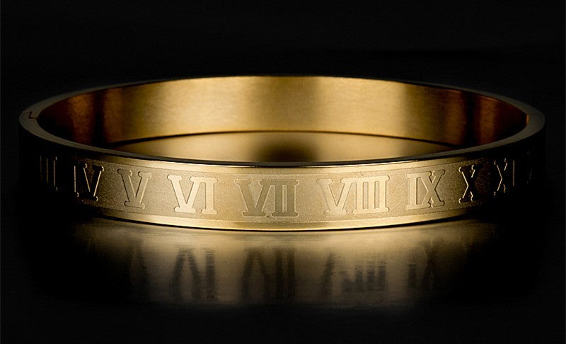 Gold Tone Roman Numeral Bangle Bracelet – Stainless Steel Engraved Cuff Jewelry