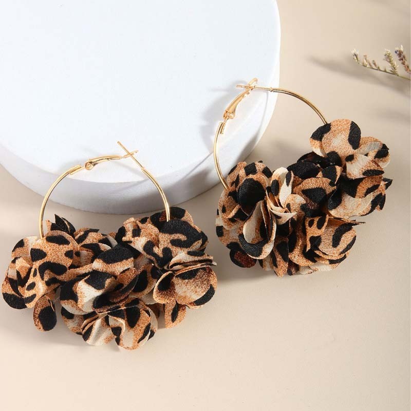 Leopard Print Flower Hoop Earrings Fabric Cluster Oversized Statement Jewelry