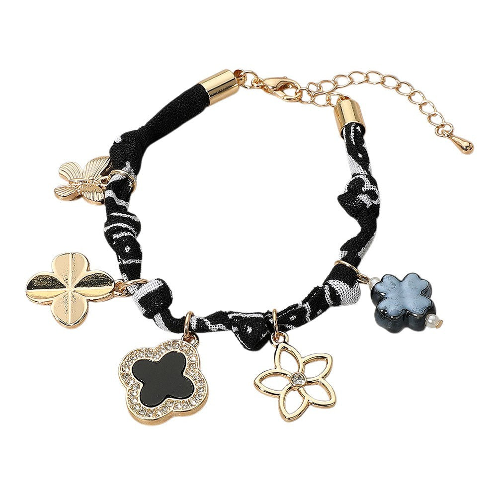 Quatrefoil Clover Flower Butterfly Charm Gold Black Scarf Fabric Chain Bracelet
