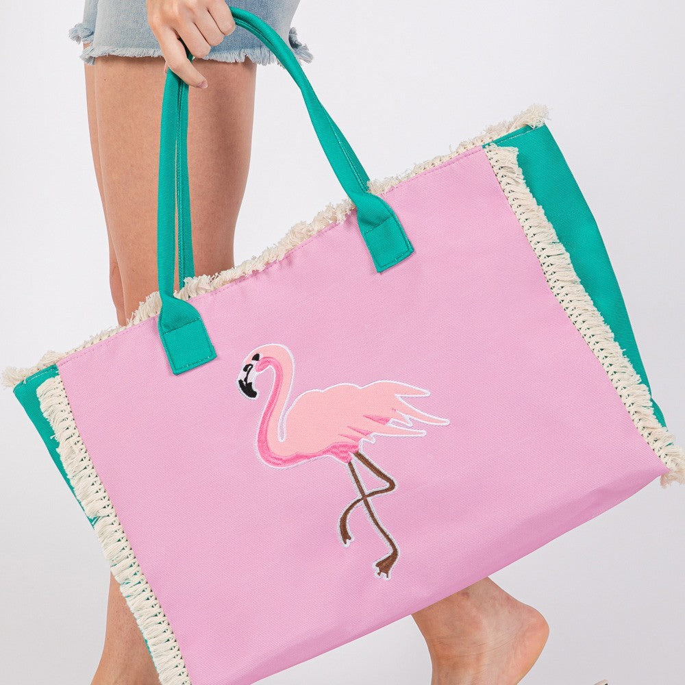 Large Flamingo Patch Beach Tote Bag with Fringe – Pink and Teal Canvas Shoulder