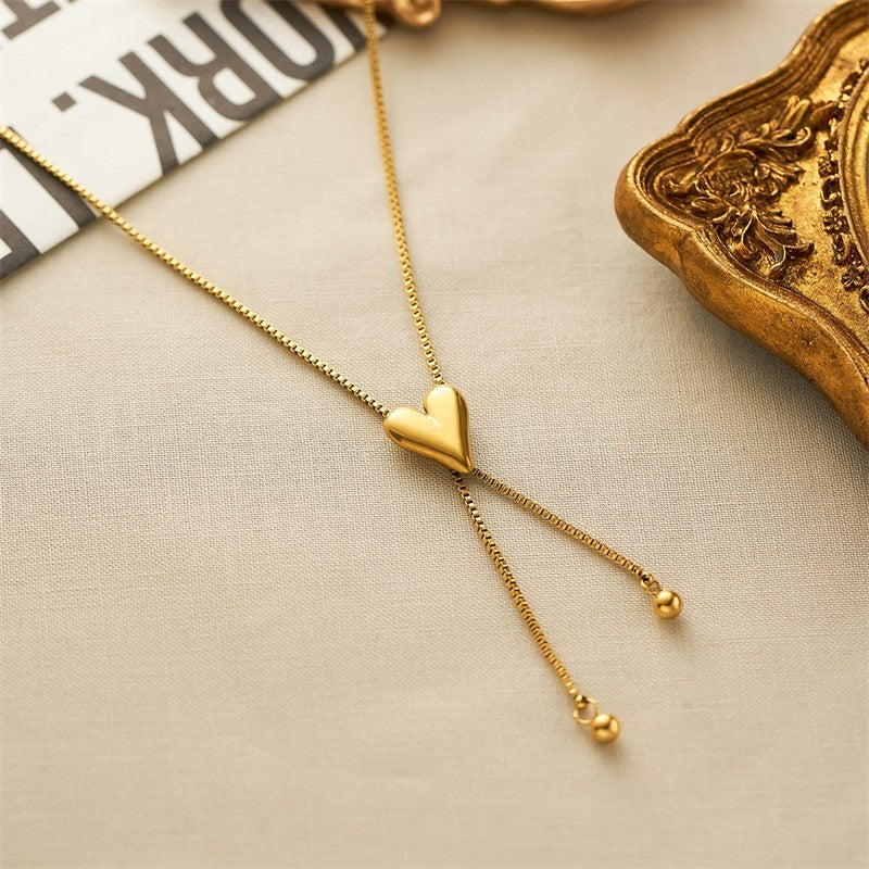 Stainless Steel Heart Lariat Y Necklace with Adjustable Slider Chain