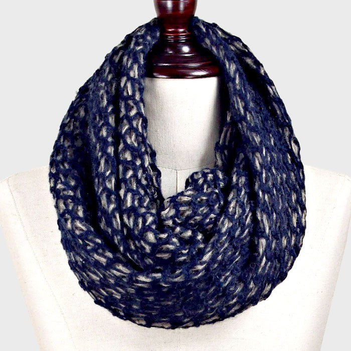 Honeycomb Pattern Crochet Two Tone Yarn Knit Snood Cowl Scarf for Women Navy