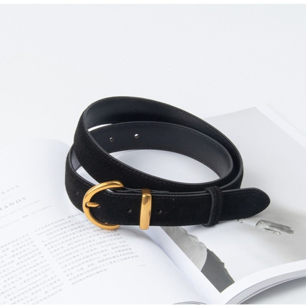 2pcs Women Suede Leather Belt Gold Horseshoe Buckle Set Black Brown 41in