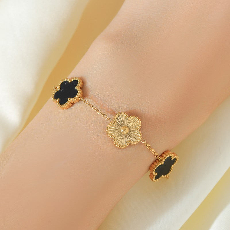 Vintage Clover Lucky Charm Bracelet Gold Black Floral Chain Fashion Jewelry
