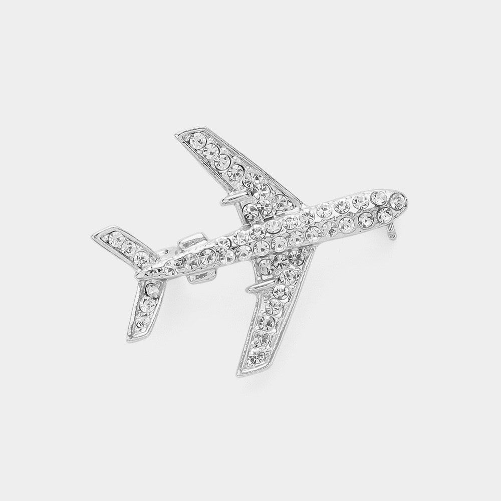 Silver Airplane Brooch Crystal Rhinestone Pilot Jet Plane Travel Jewelry Pin