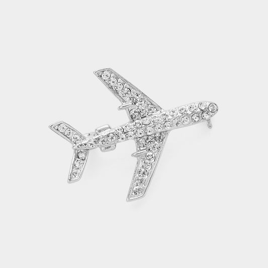 Silver Airplane Brooch Crystal Rhinestone Pilot Jet Plane Travel Jewelry Pin