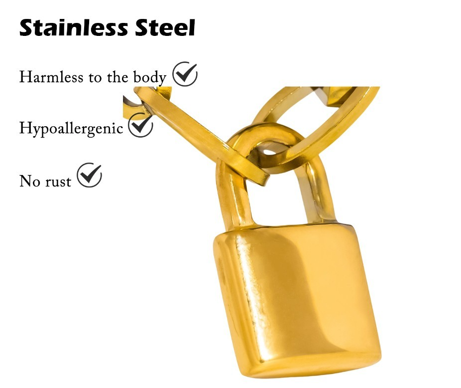 Chunky Oval Link Chain Padlock Necklace Gold Plated Stainless Steel Safety Pin