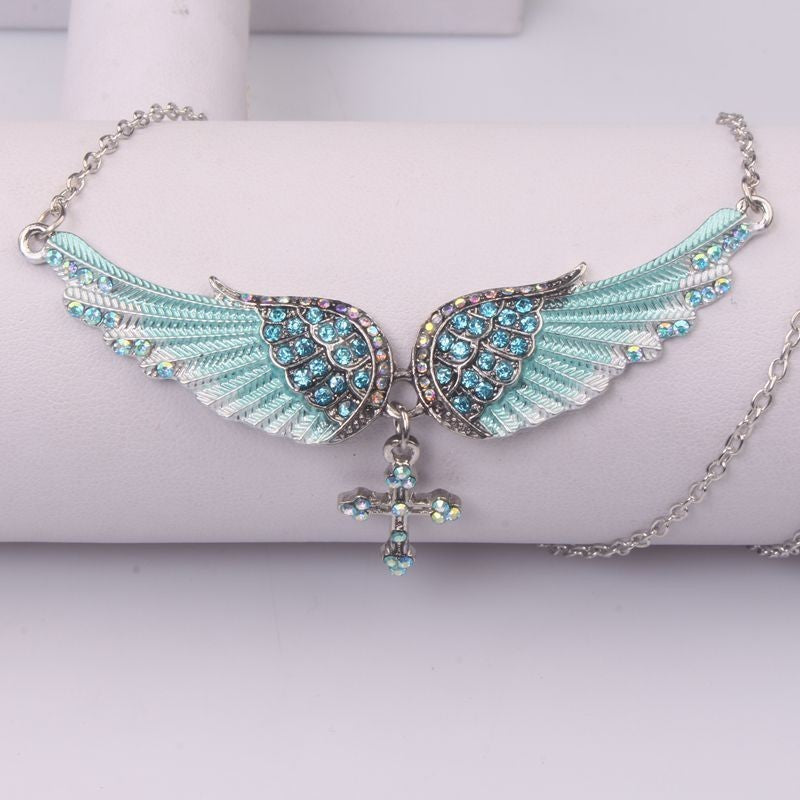 Rhinestone Angel Wing Cross Necklace Gift Set 3 Pcs Pink Blue Silver Jewelry