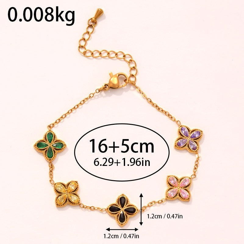 Gold Plated Four Leaf Clover Charm Bracelet Multicolored Stone Women's Jewelry