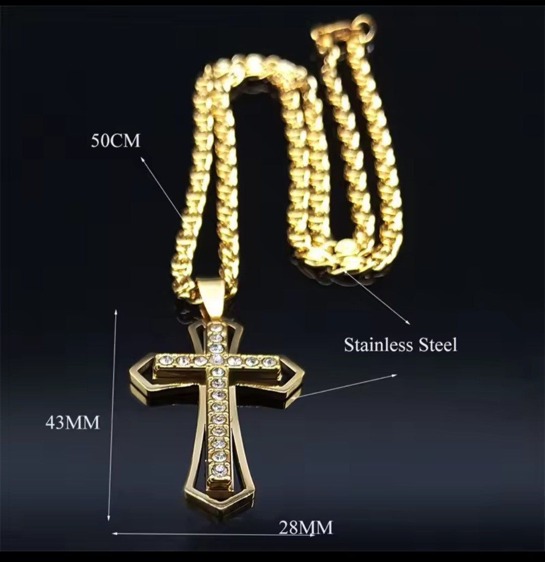 Men's Gold Stainless Steel Cross Necklace Byzantine Chain Rhinestone Pendant