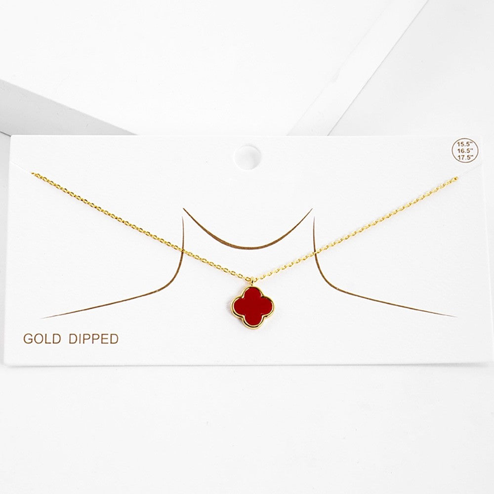 Gold Red Enamel Four Leaf Clover Pendant Necklace - 14K Gold Dipped Jewelry