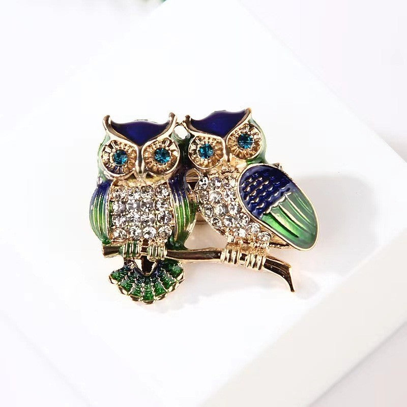 Owl Couple Brooch Pin Rhinestone Enamel Bird Jewelry Gift