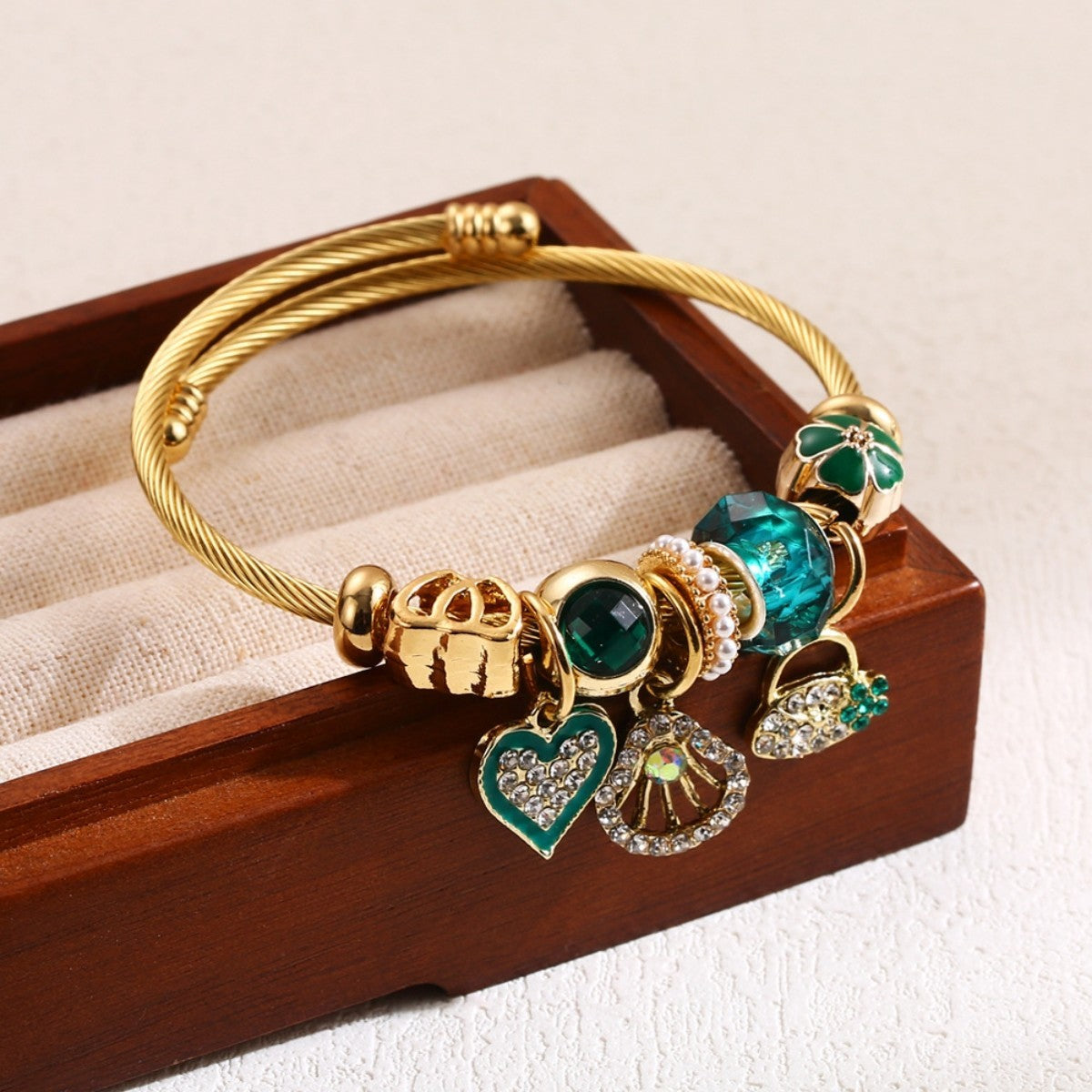 Elegant Gold Charm Bangle Bracelet Green Crystal Dangle Charms Women's Jewelry