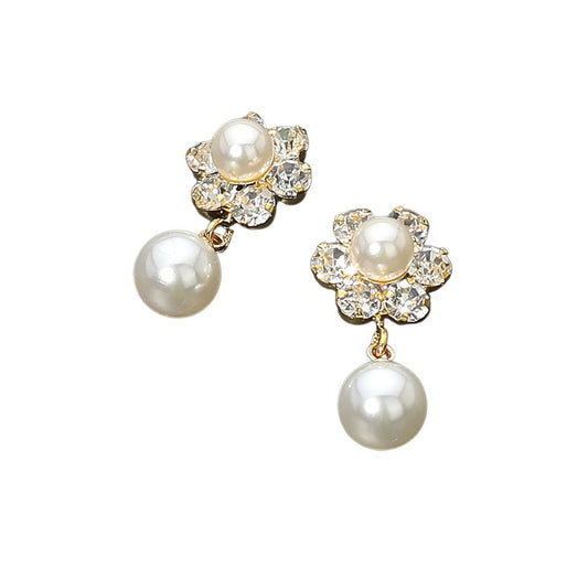 Floral Faux Pearl Drop Earrings - Elegant Crystal Petal Bridal Jewelry