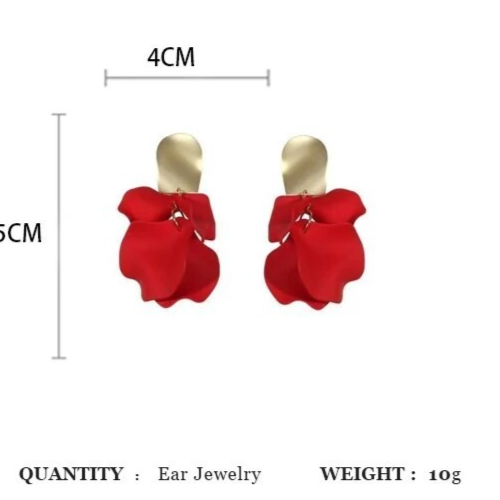 Red Flower Petal Drop Earrings Gold Statement Dangle Wedding Jewelry Fashion