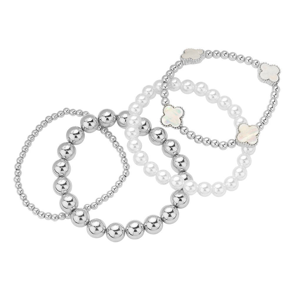 4PCS Quatrefoil Pointed Metal Ball Pearl Beaded Stretch Multi-Layer Bracelets