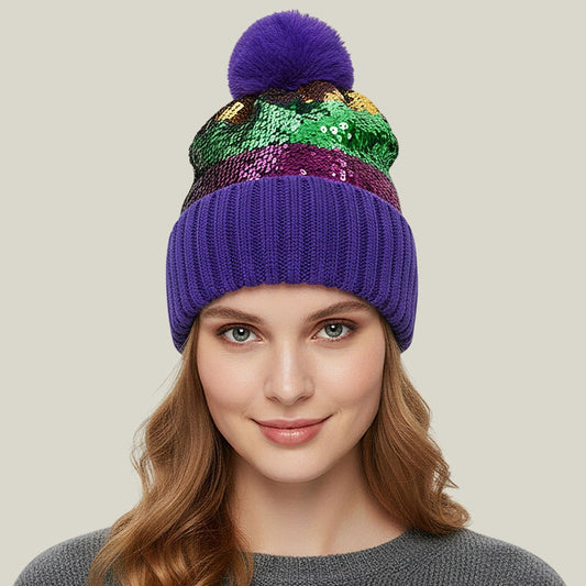 Mardi Gras Beanie Sequin Purple Green Gold Pom Pom Winter Hat Party Costume