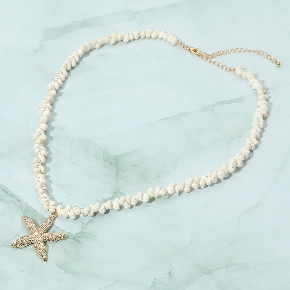 Gold Starfish Pendant Shell Bead Necklace|Beach Inspired Summer Jewelry