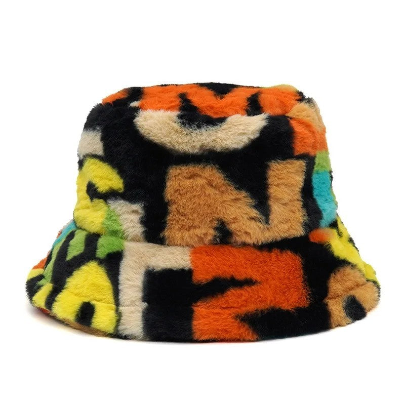 Funky Faux Fur Bucket Hat Colorful Abstract Patchwork Fuzzy Winter Cap
