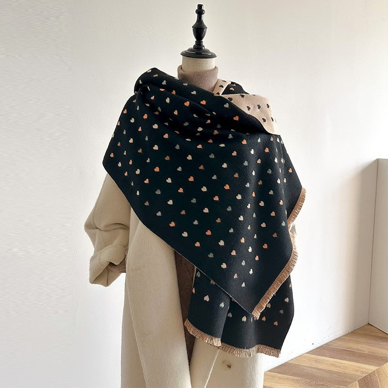 Reversible Black Beige Heart Print Blanket Scarf Wrap Shawl Winter Cashmere Feel