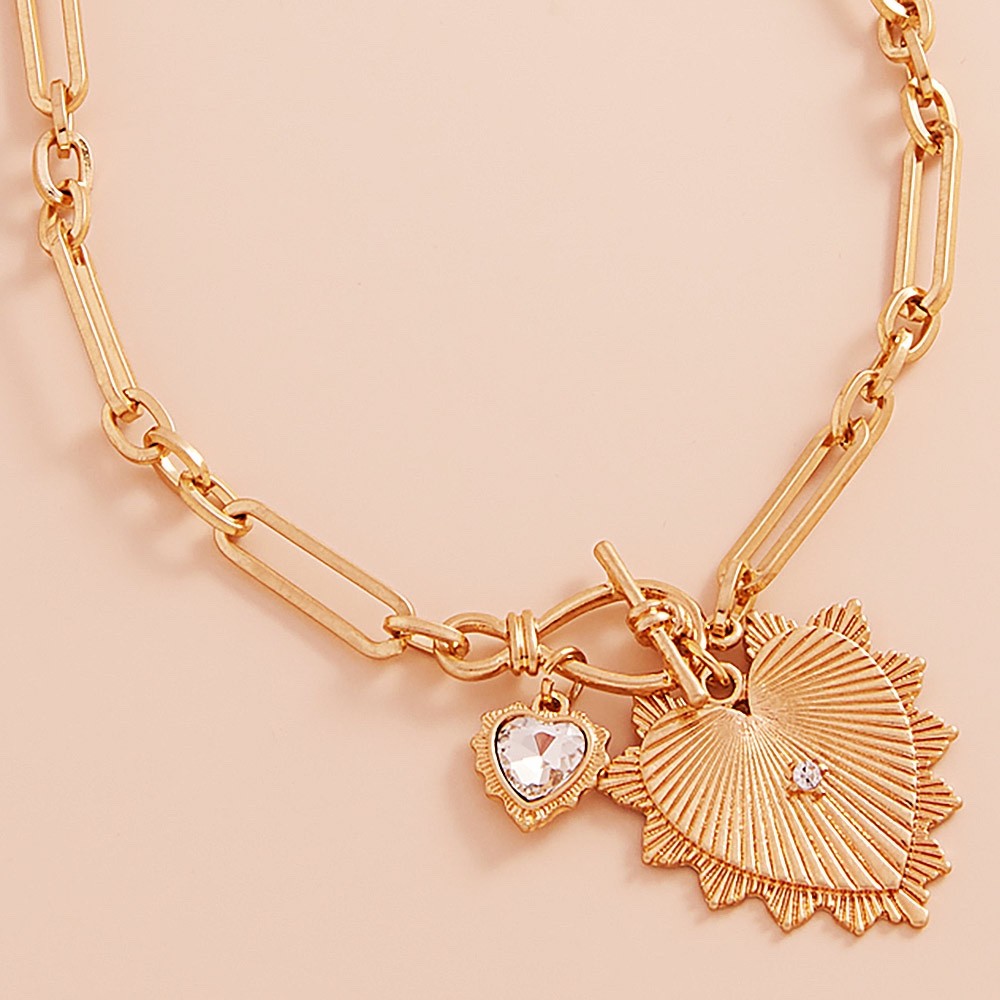 Gold Paperclip Chain Necklace with Sunburst Heart and Crystal Charm Pendants