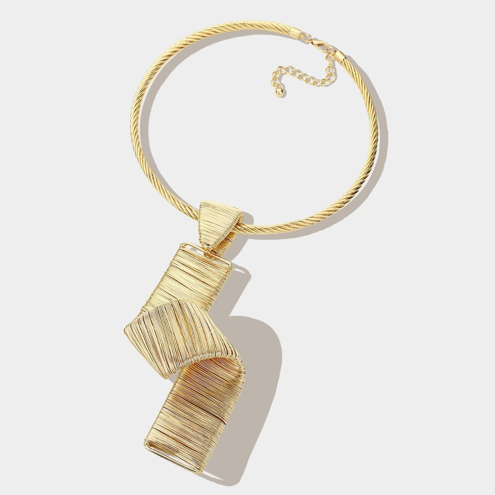 Gold Tone Wire Cage Zig Zag Pendant Choker Necklace & Stud Earrings Set