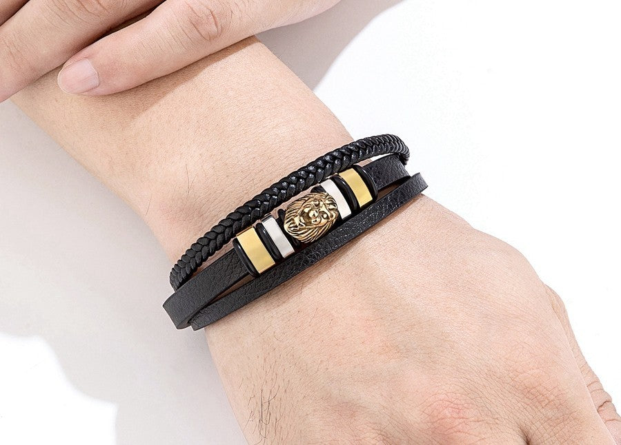 3 Colors Men Lion Head Leather Bracelet Set Stainless Steel Magnetic Clasp