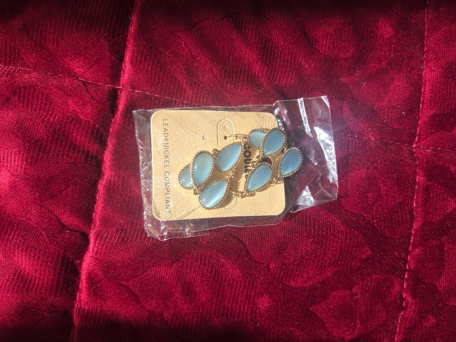 Tears of Joy Blue Cat Eye Dangle Chandelier Drop Earrings Gold Tone Hypoallergen