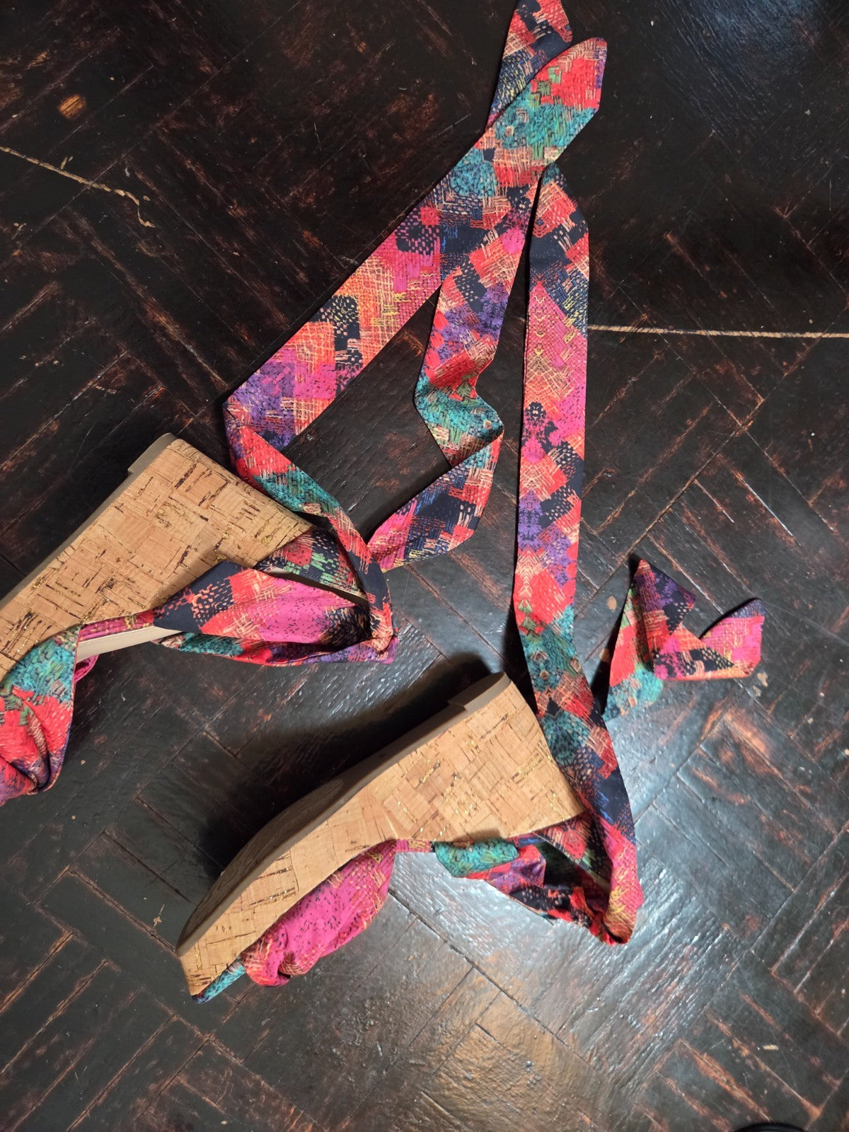 Oasis Multicolor Wedge Sandal Women’s Size 6.5 US Tie Up Strappy Fabric Heel