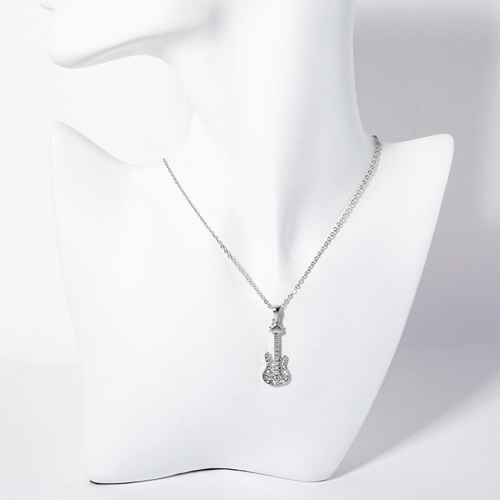 Silver Tone Chain Clear Stone Paved Electric Guitar Pendant Necklace for Women