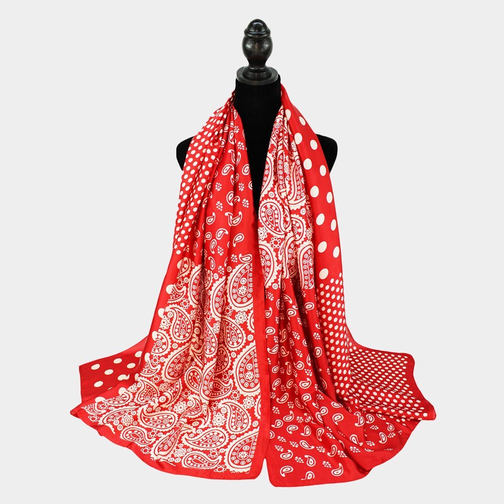 Polka Dot Paisley Printed Silky Satin Oblong Scarf  for Women Shawls Printed Red
