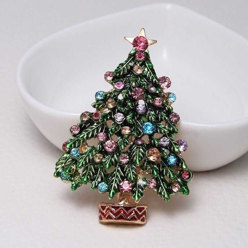 Christmas Tree Brooch Rhinestone Enamel Gold Tone Festive Holiday Pin Jewelry