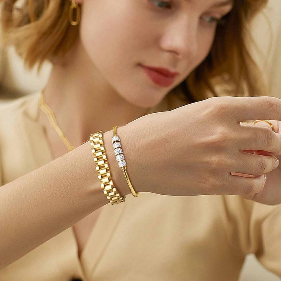 Gold Bracelet Cubic Zirconia Stones Elegant Slip-On Charm Jewelry for Women